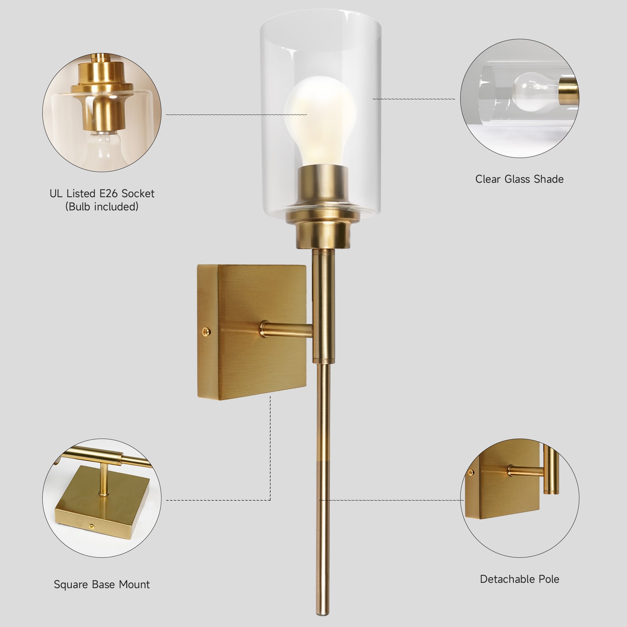 Modern 1 - Light Bathroom Wall Light, Brushed Vanity Light Fixture with Clear Glass Shade, E26 CRI90 Bulb Included, Wall Sconce for Mirror, Bedroom, Hallway Living Room - Auge Light