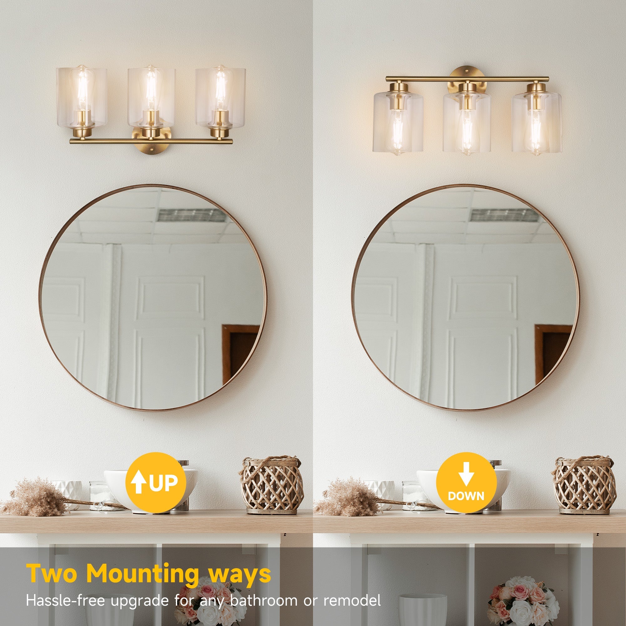 Modern 3 - Lights Bathroom Wall Light, Brushed Vanity Light Fixture with Clear Glass Shade, E26 CRI90 Bulb Included, Wall Sconce for Mirror, Bedroom, Hallway Living Room - Auge Light
