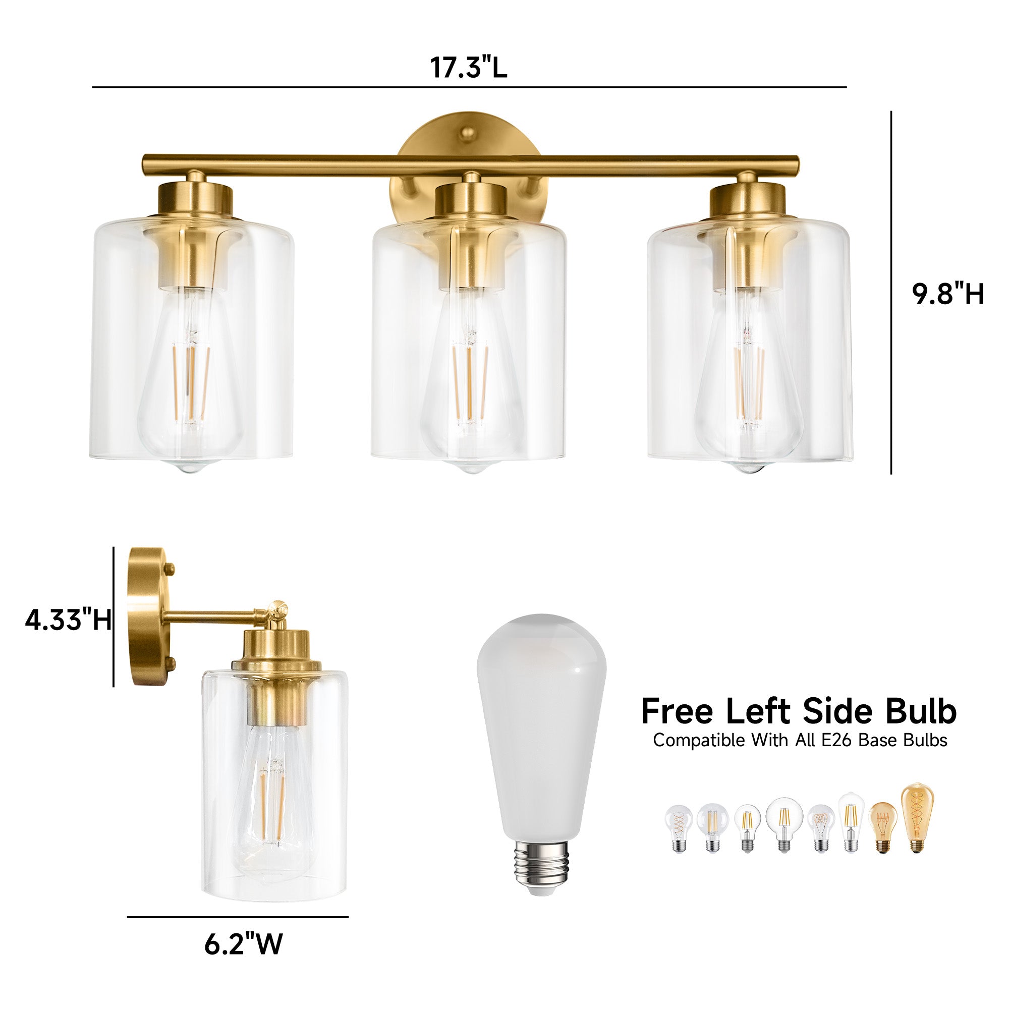 Modern 3 - Lights Bathroom Wall Light, Brushed Vanity Light Fixture with Clear Glass Shade, E26 CRI90 Bulb Included, Wall Sconce for Mirror, Bedroom, Hallway Living Room - Auge Light