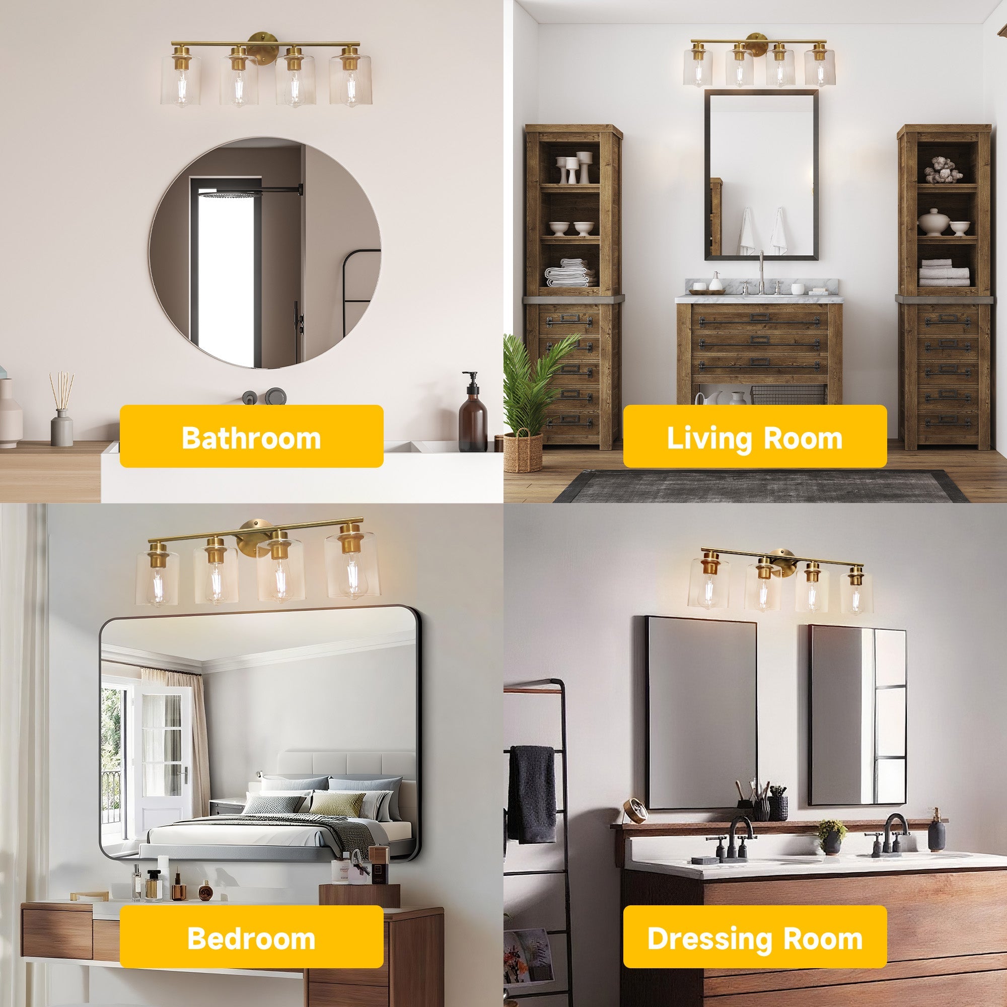 Modern 4 - Lighst Bathroom Wall Light, Brushed Vanity Light Fixture with Clear Glass Shade, E26 CRI90 Bulb Included, Wall Sconce for Mirror, Bedroom, Hallway Living Room - Auge Light