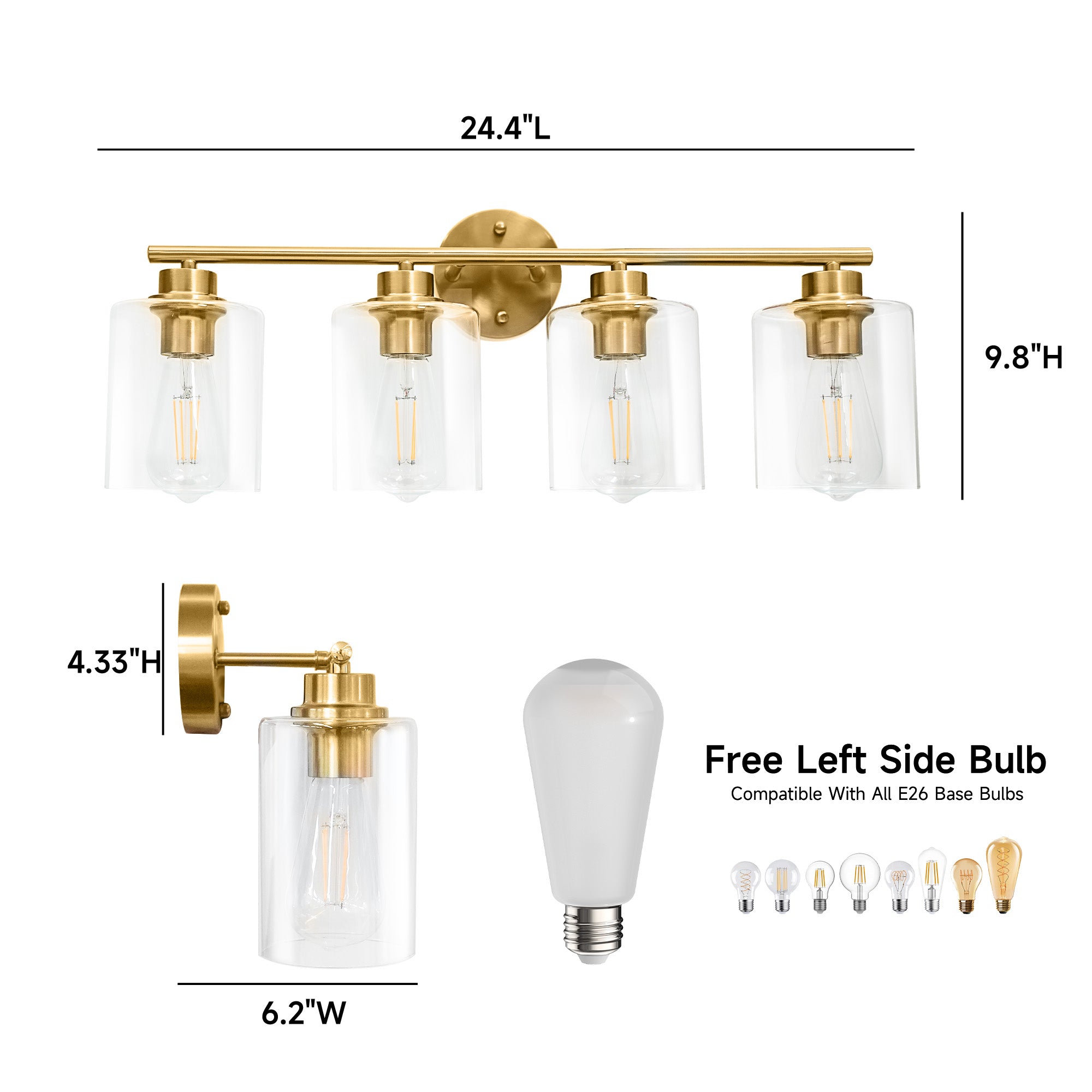 Modern 4 - Lighst Bathroom Wall Light, Brushed Vanity Light Fixture with Clear Glass Shade, E26 CRI90 Bulb Included, Wall Sconce for Mirror, Bedroom, Hallway Living Room - Auge Light