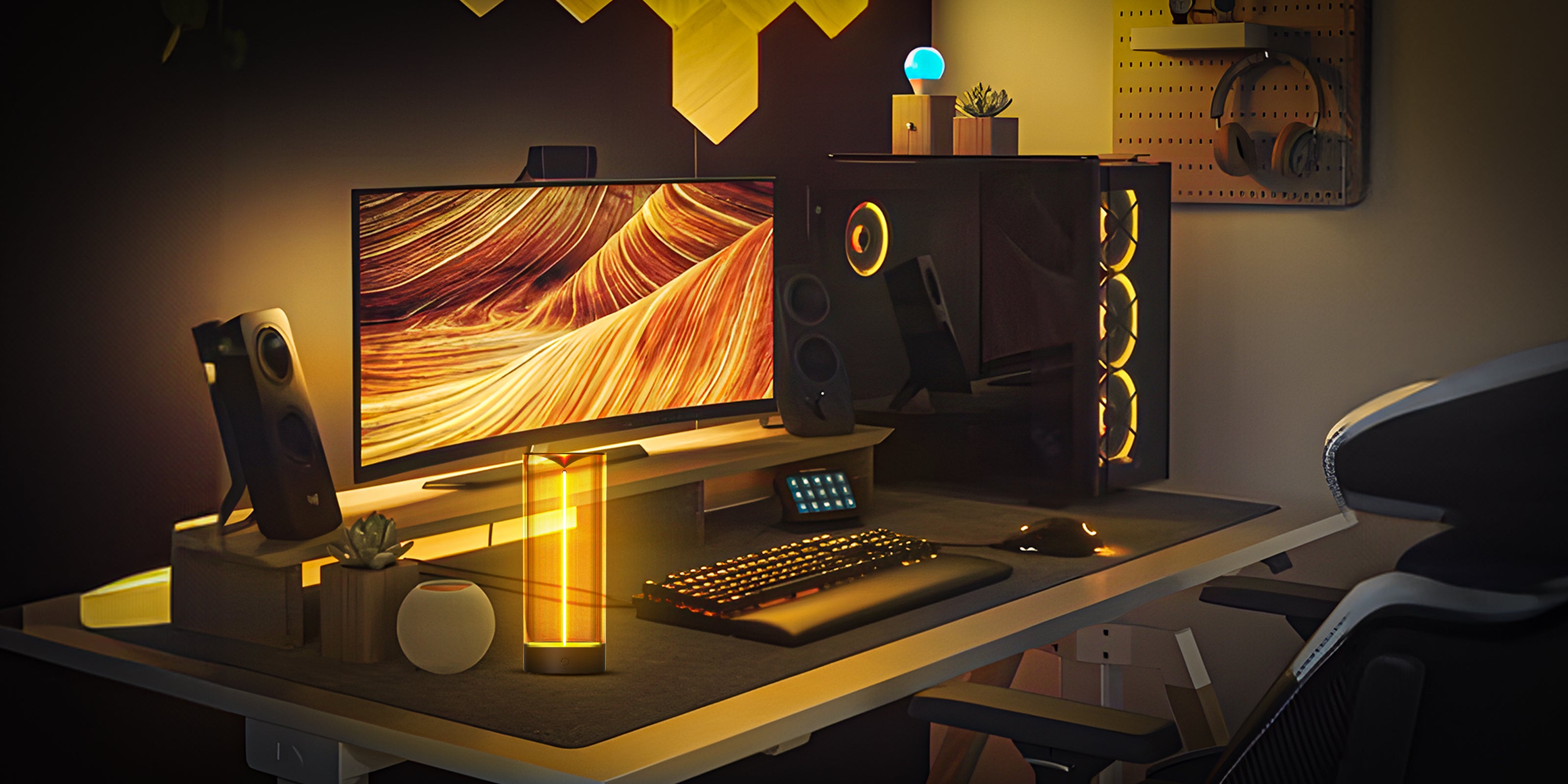 Auge light cordless table lamp in a gaming desk setup