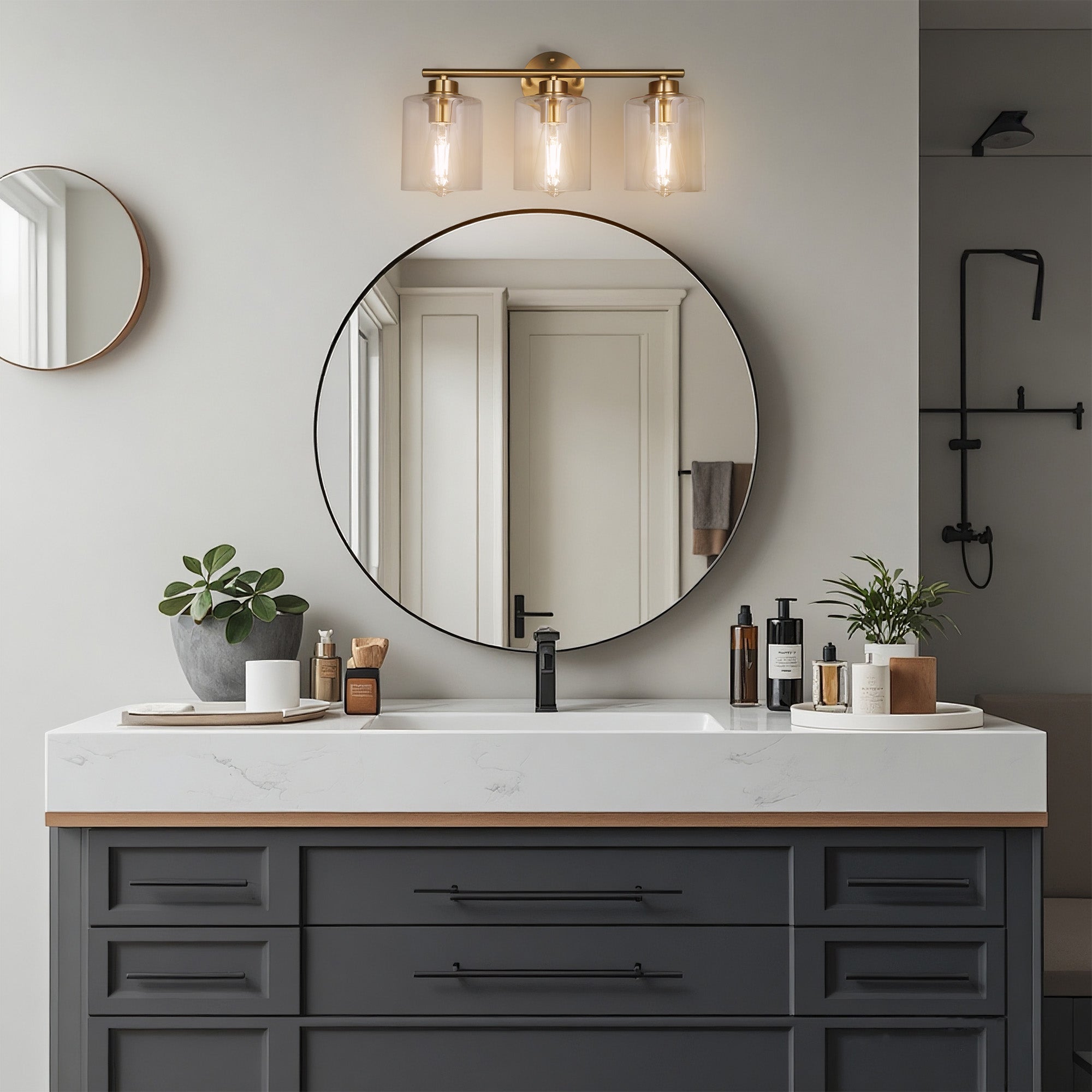 Modern 3 - Lights Bathroom Wall Light, Brushed Vanity Light Fixture with Clear Glass Shade, E26 CRI90 Bulb Included, Wall Sconce for Mirror, Bedroom, Hallway Living Room - Auge Light