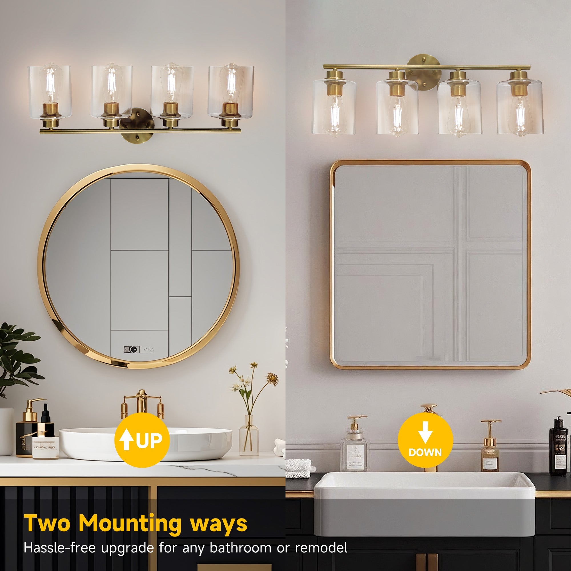 Modern 4 - Lighst Bathroom Wall Light, Brushed Vanity Light Fixture with Clear Glass Shade, E26 CRI90 Bulb Included, Wall Sconce for Mirror, Bedroom, Hallway Living Room - Auge Light