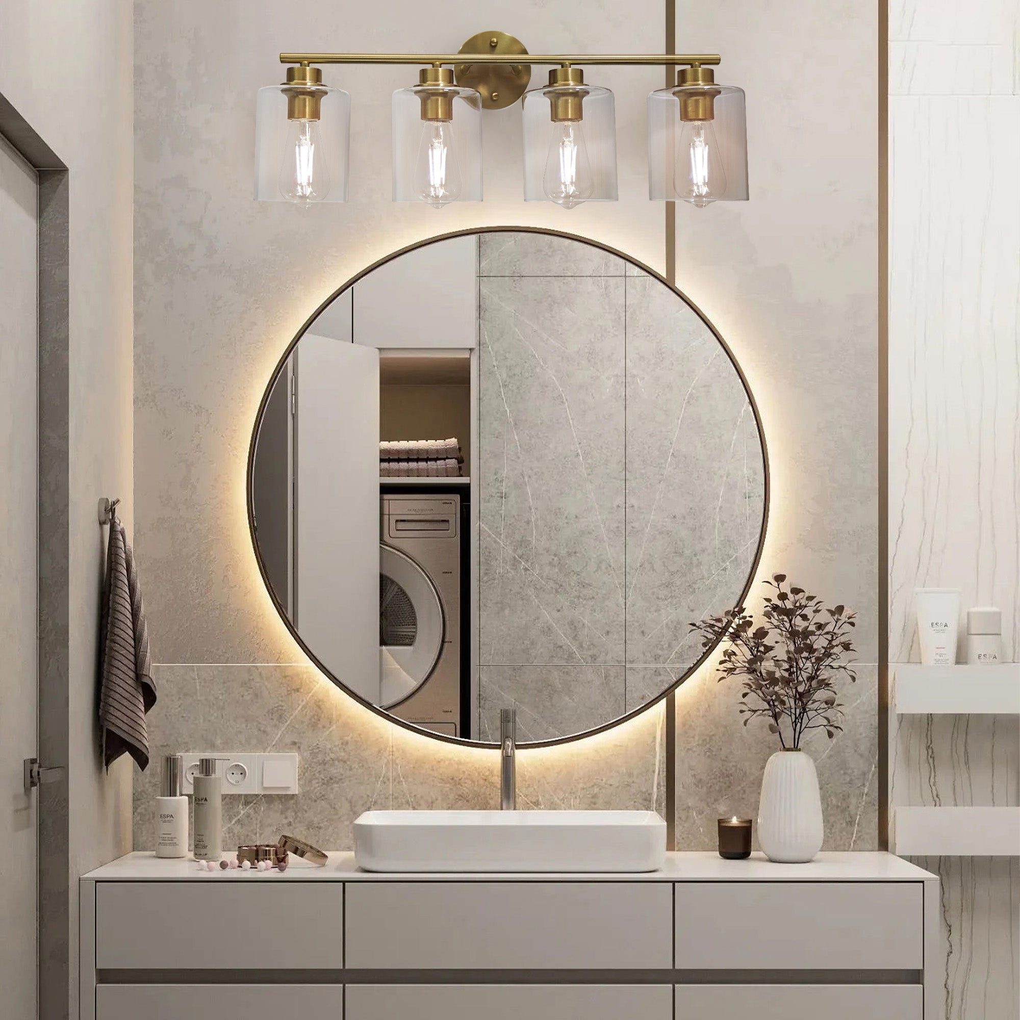 Modern 4 - Lighst Bathroom Wall Light, Brushed Vanity Light Fixture with Clear Glass Shade, E26 CRI90 Bulb Included, Wall Sconce for Mirror, Bedroom, Hallway Living Room - Auge Light